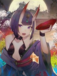 Rule 34 | 1girl, :d, alcohol, bare shoulders, blunt bangs, bob cut, cup, fangs, fate/grand order, fate (series), full moon, hair ornament, harukagi, horns, japanese clothes, looking at viewer, moon, oni, open mouth, outdoors, purple eyes, purple hair, sakazuki, sake, short hair, shuten douji (fate), skin-covered horns, smile, solo, wide sleeves