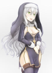 Rule 34 | 1girl, :d, breasts, cleavage, garter straps, green eyes, habit, leg belt, long hair, nun, o-ring, okina (805197), open mouth, original, silver hair, simple background, smile, solo, standing, thighhighs, very long hair