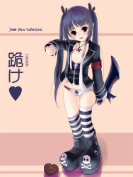 Rule 34 | blue hair, boots, hair ribbon, jewelry, kooh, long hair, necklace, necktie, pangya, panties, red eyes, ribbon, solo, striped clothes, striped thighhighs, swastika, sword, thighhighs, thumbs down, tongue, twintails, underwear, valentine, weapon, yori, yori (shitsuon)