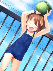 Rule 34 | 1girl, animal ears, armpits, blush, brown hair, cabbage, dog ears, closed eyes, fang, happy, inuarashi, legs, meiko (inuarashi), naked overalls, original, overalls, short hair, solo, tail