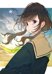 Rule 34 | 1girl, black shirt, blue eyes, blue sky, brown hair, closed mouth, cloud, cloudy sky, commentary request, crying, crying with eyes open, floating hair, highres, letterboxed, long hair, long sleeves, looking at viewer, original, outdoors, sailor collar, school uniform, serafuku, shirt, sidelocks, sky, solo, tears, upper body, v-shaped eyebrows, water drop, wavy mouth, white sailor collar, wind, yellow sky, yuu (higashi no penguin)