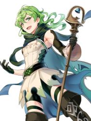 Rule 34 | 1boy, belt, cape, david (fate), detached sleeves, fate/grand order, fate (series), gloves, green eyes, green hair, hairband, hakka (88hk88), happy, high collar, holding, holding staff, long hair, looking at viewer, male focus, muscular, muscular male, open mouth, short sleeves, shorts, simple background, solo, staff, white background, wide sleeves