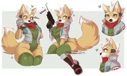 Rule 34 | 1girl, animal ear fluff, animal ears, animal nose, artist name, bandana, between legs, black gloves, blush, body fur, boots, border, breasts, brown fur, closed mouth, cowboy shot, cropped legs, cropped torso, dated, english text, female focus, finger on trigger, flag gun, fox ears, fox girl, fox mccloud, fox tail, furry, furry female, genderswap, genderswap (mtf), gloves, green eyes, green leotard, green thighhighs, grey background, grey jacket, grin, groin, gun, hand between legs, hand up, hands up, happy, headgear, heart, high collar, holding, holding gun, holding weapon, jacket, knee boots, large breasts, leotard, looking down, looking to the side, looking up, multicolored footwear, multiple views, nintendo, open clothes, open jacket, open mouth, outline, outside border, red bandana, short hair, short sleeves, shy, sideways mouth, simple background, sitting, skindentation, sleeves rolled up, smile, snout, standing, star fox, tail, tail raised, talking, teeth, teranen, thick thighs, thighhighs, thighs, two-tone fur, unzipped, upper body, watermark, weapon, white border, white fur, white hair, white outline, wide hips, zipper