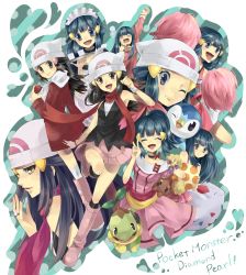 Rule 34 | 00s, 1girl, alternate costume, apron, black hair, blue eyes, blue hair, boots, buneary, cheerleader, closed eyes, copyright name, creatures (company), cup, dawn (pokemon), diamond (gemstone), dress, frills, game freak, gem, gen 4 pokemon, hainegom, hair ornament, hairclip, hat, highres, holding, holding poke ball, in-franchise crossover, janis (hainegom), jewelry, kneehighs, maid, maid apron, medal, multiple persona, nintendo, one eye closed, open mouth, pearl (gemstone), pink footwear, piplup, poke ball, poke ball (basic), pokemon, pokemon (anime), pokemon (creature), pokemon adventures, pokemon dppt, pokemon dppt (anime), poketch, pom pom (cheerleading), ring, scarf, skirt, socks, togekiss, turtwig, v, watch, wink, winter clothes, wristwatch, yawning