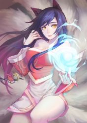 Rule 34 | 1girl, ahri (league of legends), animal ears, bare shoulders, black hair, breasts, cleavage, collarbone, cowboy shot, detached sleeves, energy ball, facial mark, fingernails, fox ears, fox tail, hair ornament, highres, korean clothes, league of legends, light smile, long fingernails, long hair, multiple tails, nail polish, outstretched hand, saphirya, sharp fingernails, solo, tail, very long hair, yellow eyes