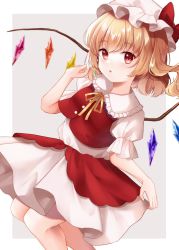 Rule 34 | 1girl, blonde hair, blush, border, crystal, flandre scarlet, frilled shirt collar, frills, grey background, hat, highres, looking at viewer, mob cap, mumu-crown, one side up, puffy short sleeves, puffy sleeves, red eyes, red ribbon, red skirt, red vest, ribbon, shirt, short sleeves, simple background, skirt, skirt set, solo, touhou, vest, white border, white hat, white shirt, wings