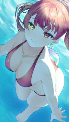 Rule 34 | 1girl, absurdres, amatou (ko me 9), ass, barefoot, bikini, breasts, cleavage, collarbone, earrings, eyelashes, halterneck, heart, heart earrings, heart necklace, heterochromia, highres, hololive, houshou marine, houshou marine (summer), jewelry, large breasts, necklace, red bikini, red eyes, red hair, solo, swimsuit, underwater, virtual youtuber, yellow eyes