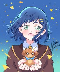 Rule 34 | 1other, artist name, blue background, blue eyes, blue hair, bob cut, brown jacket, collared shirt, dated, delicious party precure, dog, fuwa kokone, gradient background, jacket, leaf, long sleeves, looking at another, mel-chan, neckerchief, open mouth, pam-pam (precure), precure, school uniform, shinsen middle school uniform, shirt, signature, tears, upper body, white shirt