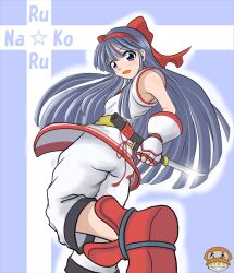 Rule 34 | 1girl, ainu clothes, armpit peek, ass, blue eyes, blue hair, breasts, fingerless gloves, gloves, hair ribbon, highres, legs, long hair, looking at viewer, looking back, nakoruru, open mouth, pants, ribbon, samurai spirits, shoes, sideboob, small breasts, snk, the king of fighters, thighs, weapon