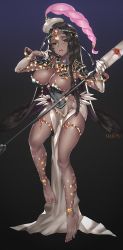Rule 34 | 1girl, barefoot, black background, black hair, breasts, caster of the nocturnal castle, circlet, cleavage, dark-skinned female, dark skin, fate/grand order, fate (series), feet, green eyes, hip focus, jewelry, large breasts, legs, long hair, looking at viewer, open mouth, scheherazade (fate), simple background, solo, staff, thighs, toe ring, very long hair, viola (seed)