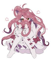 Rule 34 | 1girl, asphyxia17, black sclera, blush, colored sclera, dress, female focus, full body, grey background, highres, knees together feet apart, monster girl, original, simple background, solo, tentacle hair, tentacles, white background, yellow eyes