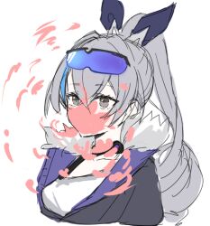 Rule 34 | 1girl, black jacket, black ribbon, breasts, chewing gum, cropped torso, food, food on face, goggles, goggles on head, grey eyes, grey hair, hair ribbon, high ponytail, honkai: star rail, honkai (series), horn/wood, jacket, long hair, medium breasts, ponytail, ribbon, shirt, silver wolf (honkai: star rail), simple background, sketch, solo, upper body, white background, white shirt