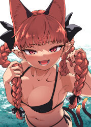 Rule 34 | 1girl, absurdres, animal ears, bare arms, bare shoulders, bikini, black bikini, blush, braid, breasts, cat ears, cat tail, extra ears, fuuzasa, highres, kaenbyou rin, large breasts, long hair, multiple tails, navel, open mouth, pointy ears, red eyes, red hair, smile, solo, swimsuit, tail, touhou, twin braids, two tails, upper body