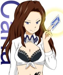 Rule 34 | 1girl, arute arisu, black bra, blush, bra, breasts, brown hair, cana alberona, card, character name, cleavage, fairy tail, holding, holding card, long hair, looking at viewer, medium breasts, navel, shirt, solo, tattoo, tied shirt, underwear, upper body