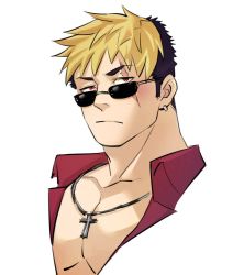 Rule 34 | 1boy, bad id, bad pixiv id, bara, black hair, blonde hair, blush, cropped shoulders, cross, cross necklace, jewelry, looking at viewer, male focus, multicolored hair, muscular, muscular male, necklace, onogami tetsuya, pectoral cleavage, pectorals, scar, scar across eye, scar on face, sdz (inazuma), short hair, solo, sunglasses, tokyo houkago summoners, two-tone hair, white background