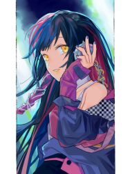 Rule 34 | 1girl, abstract background, black hair, blue background, blue hair, blue jacket, blue nails, braid, chain, changjingliu ren ren, checkered clothes, checkered jacket, commentary, floating hair, from side, grin, hand on headphones, hand up, harusaruhi, headphones, highres, jacket, kamitsubaki studio, long hair, looking at viewer, looking to the side, multicolored clothes, multicolored hair, multicolored jacket, pillarboxed, red hair, red jacket, shoulder strap, side braid, smile, solo, tank top, upper body, virtual youtuber, white tank top, yellow eyes, yellow lips