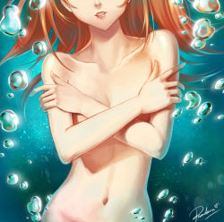 Rule 34 | 1girl, breasts, bubble, completely nude, covering privates, covering breasts, head out of frame, highres, lips, long hair, neon genesis evangelion, nude, orange hair, pan duo la, small breasts, solo, souryuu asuka langley