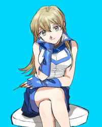 Rule 34 | 1girl, 203wolves, bad id, bad pixiv id, blonde hair, blue background, blue gloves, blue skirt, brown eyes, card, closed mouth, cropped legs, duel academy uniform (yu-gi-oh! gx), elbow gloves, fingerless gloves, gloves, graphite (medium), hair between eyes, head rest, head tilt, holding, holding card, jacket, leaning forward, long hair, looking at viewer, miniskirt, simple background, sitting, skirt, sleeveless, sleeveless jacket, smile, solo, straight hair, tenjouin asuka, traditional media, very long hair, white jacket, yu-gi-oh!, yu-gi-oh! gx