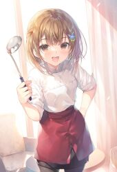 Rule 34 | 1girl, arm up, black pantyhose, blush, braid, brown eyes, brown hair, butterfly hair ornament, chair, collared shirt, cover, cover image, curtains, hair ornament, hand on own hip, highres, holding, light rays, long sleeves, looking at viewer, miwabe sakura, novel illustration, official art, open mouth, pantyhose, red skirt, round table, saijo no osewa, shirt, short hair, skirt, smile, sunbeam, sunlight, table, teeth, textless version, upper teeth only, white shirt