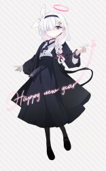 Rule 34 | 1girl, absurdres, black coat, black eyes, black footwear, black hairband, black pantyhose, blue archive, chima (clothes), closed mouth, coat, colored inner hair, full body, grey hair, hair over one eye, hairband, halo, hanbok, happy new year, highres, jeogori (clothes), korean clothes, light smile, long hair, long sleeves, looking at viewer, multicolored hair, new year, open clothes, open coat, pantyhose, pink hair, plana (blue archive), red halo, retri, shoes, solo