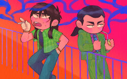 Rule 34 | 2boys, black eyes, black hair, black shirt, blue necktie, cigarette, collared shirt, commentary request, feet out of frame, formal, gin to kin, gloves, gradient background, green jacket, green pants, green shirt, hand in pocket, highres, holding, holding cigarette, holding lighter, itanoma (omrisoisina), itou kaiji, jacket, kaiji, lighter, long hair, long sleeves, looking afar, low ponytail, male focus, medium bangs, medium hair, morita tetsuo, multiple boys, necktie, open mouth, orange background, pants, pink background, pink shirt, pinstripe pattern, pinstripe suit, plaid, plaid shirt, railing, shirt, smoke, smoking, striped, suit, teeth, upper teeth only, white gloves