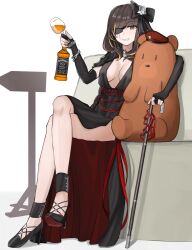 Rule 34 | 1girl, absurdres, arm on shoulder, black dress, breasts, brown eyes, brown hair, cane, commander (girls&#039; frontline), crossed legs, cup, dress, drinking glass, evening gown, gamryous, girls&#039; frontline, high heels, highres, jack daniel&#039;s, long hair, looking at viewer, m16a1 (blazer of the trail) (girls&#039; frontline), m16a1 (girls&#039; frontline), medium breasts, mole, mole under eye, multicolored hair, scar, sitting, solo, wine glass
