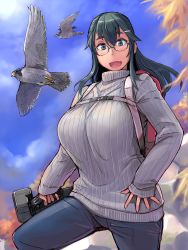 1girl, akiyama-san no tori life, backpack, bag, bird, blue eyes, blush, breasts, camera, commentary request, fang, glasses, grey sweater, hand on hip, hawk, highres, large breasts, looking at viewer, pants, ribbed sweater, sketch, skin fang, sleeves past wrists, solo, sweater, translation request, tsuda nanafushi, turtleneck, turtleneck sweater