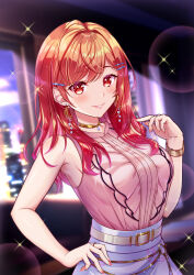 Rule 34 | 1girl, absurdres, ahoge, belt, blue skirt, blue sky, blush, center frills, cityscape, cloud, earrings, frills, gold earrings, hair ornament, hairpin, hand on own hip, highres, hololive, hololive dev is, ichijou ririka, jewelry, long hair, looking at viewer, mikannsisyou, nail polish, orange eyes, orange hair, orange nails, pink shirt, pointing, pointing at self, ring, shirt, skirt, sky, sleeveless, sleeveless shirt, smile, virtual youtuber, watch, white belt, wristwatch