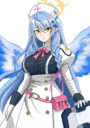 1girl absurdres ahoge ai-assisted angel angel_wings bag blue_archive blue_hair braid breasts commentary cowboy_shot dress green_eyes halo hat highres holding holding_shield juliet_sleeves large_breasts long_sleeves looking_at_viewer low_twin_braids mine_(blue_archive) nurse_cap pink_bag pink_ribbon pointy_ears puffy_sleeves ribbon riot_shield shield smile solo sukebe_nagamasa twin_braids white_background white_dress wings