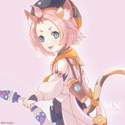 Rule 34 | :3, animal ear fluff, animal ears, bag, bangs pinned back, black shorts, bow (weapon), cat ears, cat girl, cat tail, cocktail shaker, detached sleeves, diona (genshin impact), forehead, genshin impact, gloves, green eyes, hat, holding, holding bow (weapon), holding weapon, marcy vulpin, mouth hold, paw print palms, pink background, pink hair, puffy detached sleeves, puffy shorts, puffy sleeves, ribbon, shorts, tail, tail ornament, tail ribbon, thick eyebrows, vision (genshin impact), weapon, white gloves