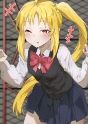 Rule 34 | 1girl, absurdres, blonde hair, bocchi the rock!, highres, ijichi nijika, nero2, one eye closed, school uniform, side ponytail, smile, solo, tongue, tongue out