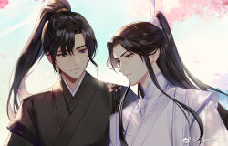 Rule 34 | 2boys, artist name, bishounen, black eyes, black hair, black robe, blue sky, chinese clothes, chinese commentary, chu wanning, closed mouth, commentary request, day, erha he tadebai mao shizun, expressionless, floating hair, hair between eyes, hair ornament, hanfu, high ponytail, highres, long hair, looking at another, male focus, mo ran, multiple boys, outdoors, parted bangs, ponytail, robe, sheng3 3, sidelocks, sky, smile, upper body, weibo logo, weibo watermark, white robe, yellow eyes