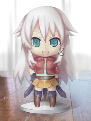 Rule 34 | 1girl, anceril sacred, bad id, bad pixiv id, chibi, commentary request, gloves, green eyes, hand on own hip, long hair, looking at viewer, mishima kurone, nendoroid, open mouth, original, skirt, smile, solo, very long hair