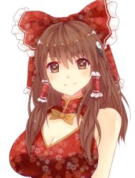 Rule 34 | 1girl, alternate costume, bad id, bad pixiv id, blush, bow, breasts, brown eyes, brown hair, china dress, chinese clothes, cleavage, cleavage cutout, clothing cutout, dress, floral print, hair bow, hair ornament, hair tubes, hakurei reimu, highres, large breasts, long hair, simple background, smile, solo, touhou, white background, x&amp;x&amp;x, yin yang