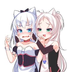 Rule 34 | 2girls, :d, absurdres, american flag, american flag print, animal ear fluff, animal ears, azur lane, bare shoulders, black bow, black dress, black sleeves, blue eyes, blush, bow, breasts, brown gloves, cat ears, cheek pull, collarbone, commentary request, detached sleeves, dress, elbow gloves, fang, fingerless gloves, flag print, forehead, gloves, green eyes, hair bow, hammann (azur lane), hands up, highres, kirisame mia, long hair, multiple girls, open mouth, parted bangs, print neckwear, puffy short sleeves, puffy sleeves, remodel (azur lane), short sleeves, silver hair, simple background, sims (azur lane), small breasts, smile, strapless, strapless dress, two side up, very long hair, white background, wrist cuffs