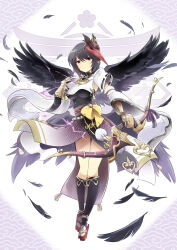 Rule 34 | 1girl, absurdres, arm guards, armpits, bare shoulders, black gloves, black wings, blue hair, bow (weapon), breast curtain, breasts, clenched hands, collared shirt, dark blue hair, detached sleeves, elbow gloves, expressionless, eyelashes, feathered wings, feathers, female focus, floating, full body, genshin impact, geta, gloves, hand up, highres, holding, holding weapon, japanese clothes, jewelry, knee socks, kujou sara, legs, legs together, looking at viewer, mask, mask on head, medium breasts, medium hair, mihoyo, multiple wings, neck, necklace, obi, outstretched arm, sash, shirt, sidelocks, sleeveless, sleeveless shirt, socks, sudhiro sappurisa, swept bangs, tabi, tassel, tengu, tengu-geta, tengu mask, thighs, tight clothes, tight shirt, vision (genshin impact), weapon, wide sleeves, wings, yellow eyes