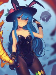 Rule 34 | 1girl, alternate costume, animal ears, bare shoulders, black choker, black gloves, black headwear, black leotard, black pantyhose, blue hair, boa (brianoa), breasts, choker, closed mouth, commentary, cowboy shot, doyagao, english commentary, fake animal ears, food, fruit, gloves, hand up, highres, hinanawi tenshi, holding, holding sword, holding weapon, keystone, leaf, leotard, long hair, looking at viewer, pantyhose, peach, playboy bunny, rabbit ears, rainbow order, red eyes, rope, shards, shide, shimenawa, shiny clothes, sidelocks, small breasts, smirk, smug, solo, strapless, strapless leotard, sword, sword of hisou, touhou, v-shaped eyebrows, weapon, wrist cuffs