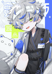 1boy absurdres bandaged_head bandages bandaid blue_hair cat coat green_eyes highres hisame_mon long_sleeves looking_at_viewer male_focus multicolored_hair original pale_skin stuffed_toy white_coat white_hair