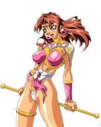 Rule 34 | 1990s (style), 1girl, :d, armor, arms behind back, belt, blush, breasts, breasts apart, bridal gauntlets, brown eyes, brown hair, cameltoe, choujin gakuen gowcaizer, circlet, covered erect nipples, earrings, fang, fingernails, floating hair, fundoshi, g-string, gem, gloves, groin, hair between eyes, highleg, highleg panties, highres, impossible clothes, japanese clothes, jewelry, large breasts, lipstick, loincloth, long fingernails, long hair, looking at viewer, looking back, magical girl, makeup, midriff, narrow waist, official art, oobari masami, open mouth, panties, parted bangs, pauldrons, power armor, retro artstyle, revealing clothes, scan, shoulder armor, sidelocks, simple background, skin tight, smile, solo, son karin, staff, standing, stick, tan, technos, thighlet, thighs, thong, tiara, turtleneck, underwear, weapon, white background, white panties, wide hips, wind, wind lift