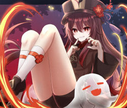 Rule 34 | 1girl, black footwear, black nails, black shorts, blush, brown hair, cha0198, claw pose, colored tips, finger to mouth, fire, flower, genshin impact, ghost, grin, hair between eyes, hat, hat flower, hat tassel, hu tao (genshin impact), index finger raised, jewelry, knees up, leaning back, legs, long hair, long sleeves, looking at viewer, multicolored hair, multiple rings, nail polish, plum blossoms, porkpie hat, red eyes, red hair, ring, shoes, short shorts, shorts, shushing, sitting, smile, socks, solo, symbol-shaped pupils, thighs, twintails, white socks, wide sleeves
