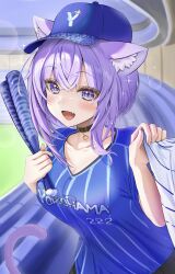 Rule 34 | 1girl, :d, absurdres, alternate costume, animal collar, animal ear fluff, animal ears, baseball, baseball bat, baseball cap, baseball jersey, baseball stadium, baseball uniform, black collar, blue headwear, blue shirt, blush, breasts, cat ears, cat girl, cat tail, clothes grab, collar, commentary request, crossed bangs, double-parted bangs, fang, hair between eyes, hat, highres, holding, holding baseball bat, hololive, jersey, large breasts, lens flare, messy hair, nekomata okayu, open mouth, pov, purple eyes, purple hair, shirt, short hair, short sleeves, sleeve grab, smile, solo focus, sportswear, tail, torakichi 888, virtual youtuber