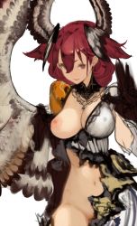 Rule 34 | 1girl, breasts, head wings, jewelry, large breasts, navel, necklace, nipples, npa (sirokurokuma), one breast out, original, pussy, red hair, solo, wings