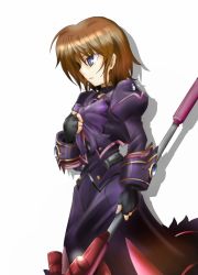 Rule 34 | 1girl, armor, blue eyes, brown hair, fingerless gloves, gloves, luciferion, lyrical nanoha, magical girl, mahou shoujo lyrical nanoha, mahou shoujo lyrical nanoha a&#039;s, mahou shoujo lyrical nanoha a&#039;s portable: the battle of aces, stern the destructor, puffy sleeves, ribbon, short hair, solo, suga leon, white background