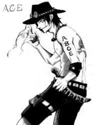 Rule 34 | 1boy, belt, fire, freckles, hat, jewelry, jolly roger, knife, male focus, monochrome, muscular, necklace, one piece, pirate, portgas d. ace, sheath, sheathed, topless male, shorts, solo, stampede string, tattoo, thigh strap