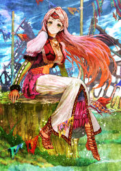 Rule 34 | 1girl, bad id, bad pixiv id, bustier, cross-laced footwear, fantasy, green eyes, headwear request, knees together feet apart, long hair, looking at viewer, midriff, nail polish, original, puffy sleeves, red hair, sandals, sitting, skirt, smile, solo, traditional clothes, tree stump, very long hair, wind, yasu8hasu