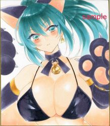 Rule 34 | 1girl, animal ears, animal gloves, animal hands, bell, blue eyes, blue hair, blush, breasts, cat ears, cat paws, cleavage, collar, earrings, female focus, gloves, jewelry, large breasts, leona heidern, long hair, matching hair/eyes, neck bell, paw gloves, ponytail, snk, solo, the king of fighters