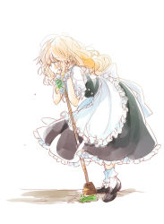 Rule 34 | 1girl, apron, blonde hair, bow, braid, dress, frills, full body, hair bow, kirisame marisa, leaning forward, loafers, long hair, messy hair, mop, no headwear, poprication, shadow, shoes, side braid, simple background, solo, touhou, wavy hair, white background, yellow eyes