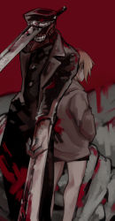 Rule 34 | 1boy, 1girl, back-to-back, black coat, blonde hair, blood, blood on clothes, bloody weapon, chainsaw man, coat, grey hoodie, grey jacket, hat, highres, hood, hoodie, hybrid, jacket, katana, katana man (chainsaw man), long coat, looking away, military hat, nakano (2 mannaka), no eyes, open mouth, sawatari akane (chainsaw man), short shorts, shorts, simple background, snake devil (chainsaw man), sword, weapon