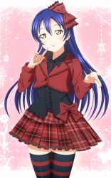 Rule 34 | 10s, 1girl, blue hair, blush, commentary request, cowboy shot, finger to mouth, frills, hair between eyes, hair ribbon, kazuma (theworld000021), long hair, long sleeves, love live!, love live! school idol festival, love live! school idol project, plaid, plaid skirt, pleated skirt, red ribbon, ribbon, skirt, solo, sonoda umi, standing, striped clothes, striped thighhighs, thighhighs, yellow eyes