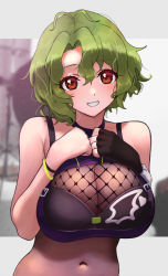 Rule 34 | 1girl, :d, alternate costume, alternate hair color, antenna hair, black gloves, breasts, c (theta), cleavage, fingerless gloves, gloves, green hair, highres, idolmaster, idolmaster million live!, large breasts, looking at viewer, navel, open mouth, red eyes, short hair, single glove, smile, solo, toyokawa fuka, upper body
